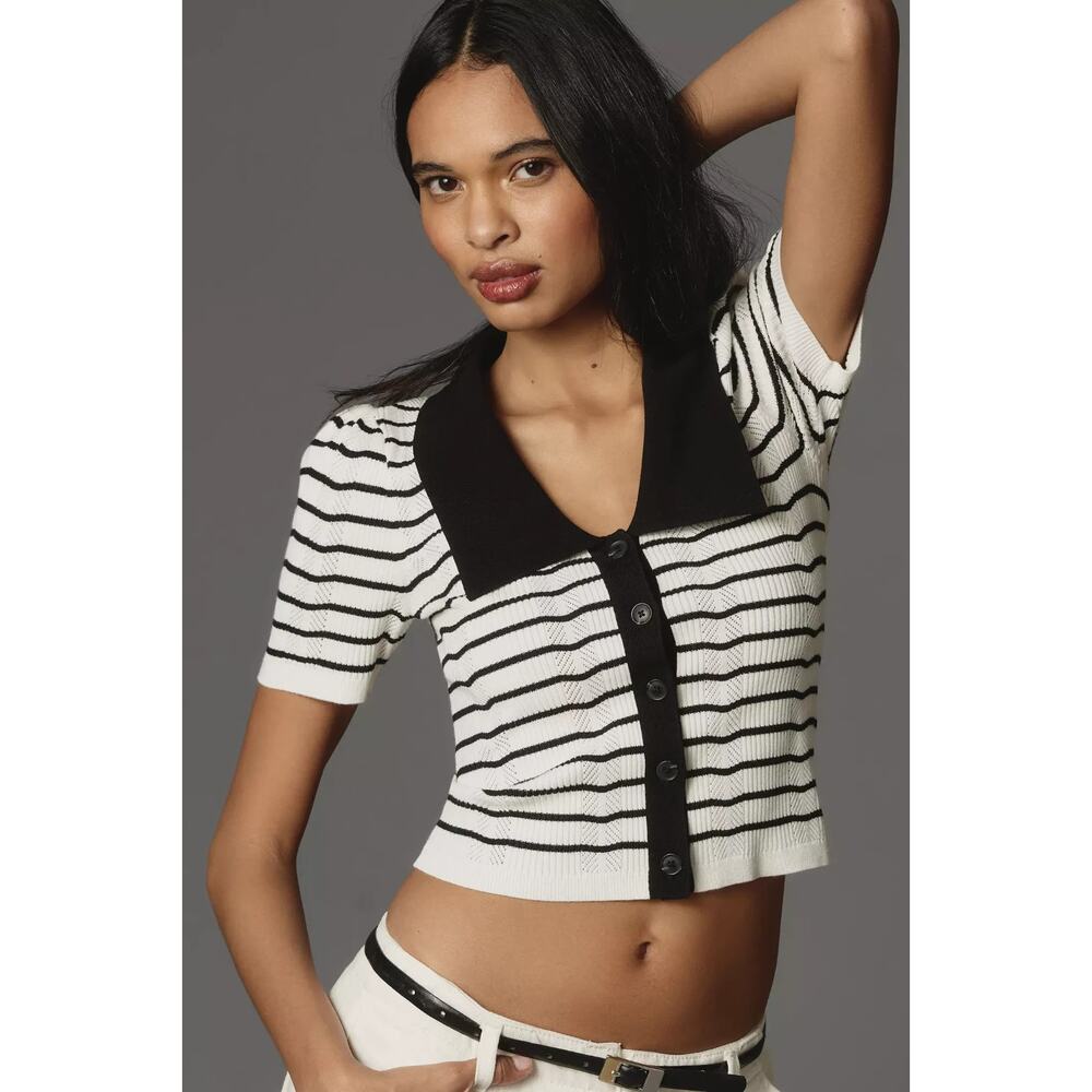 Anthropologie Maeve White Black Striped Slim Crop Cardigan Sweater Top Small
